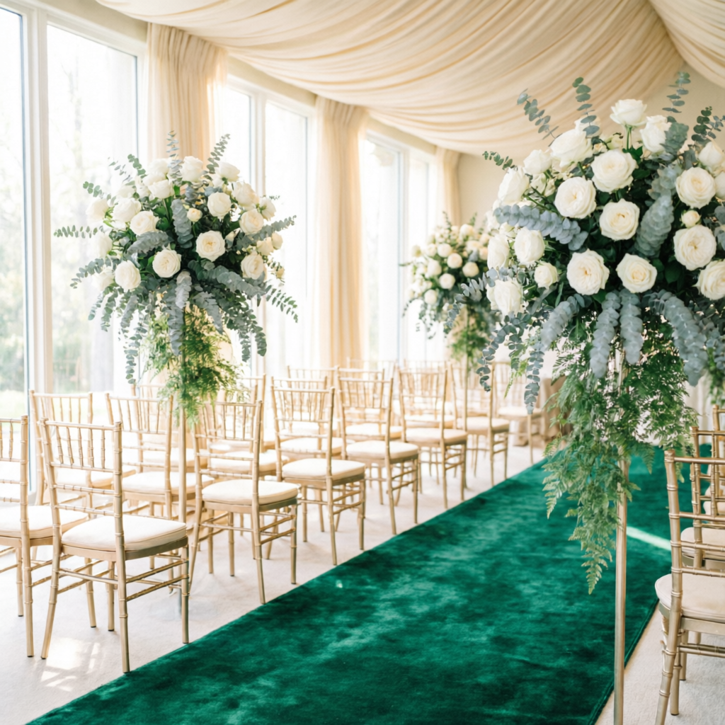 Sunlit ceremony venue with emerald aisle runner, gold chairs and white rose & eucalyptus florals