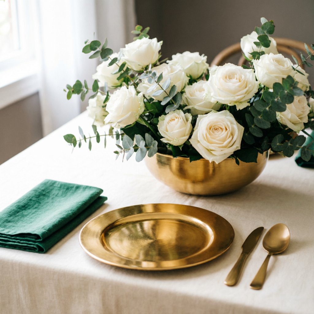 Table setting with gold charger plate, emerald napkin and white rose centerpiece