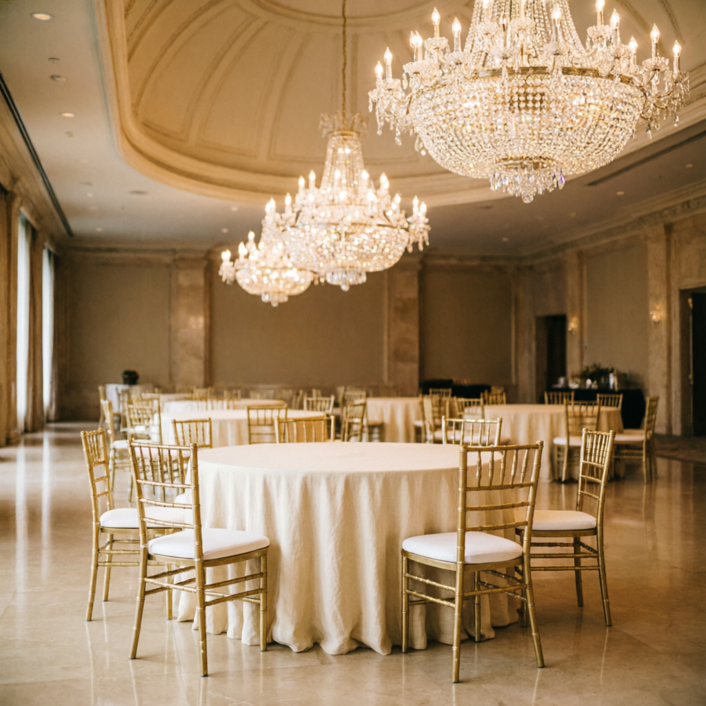 Grand banquet hall with chandeliers