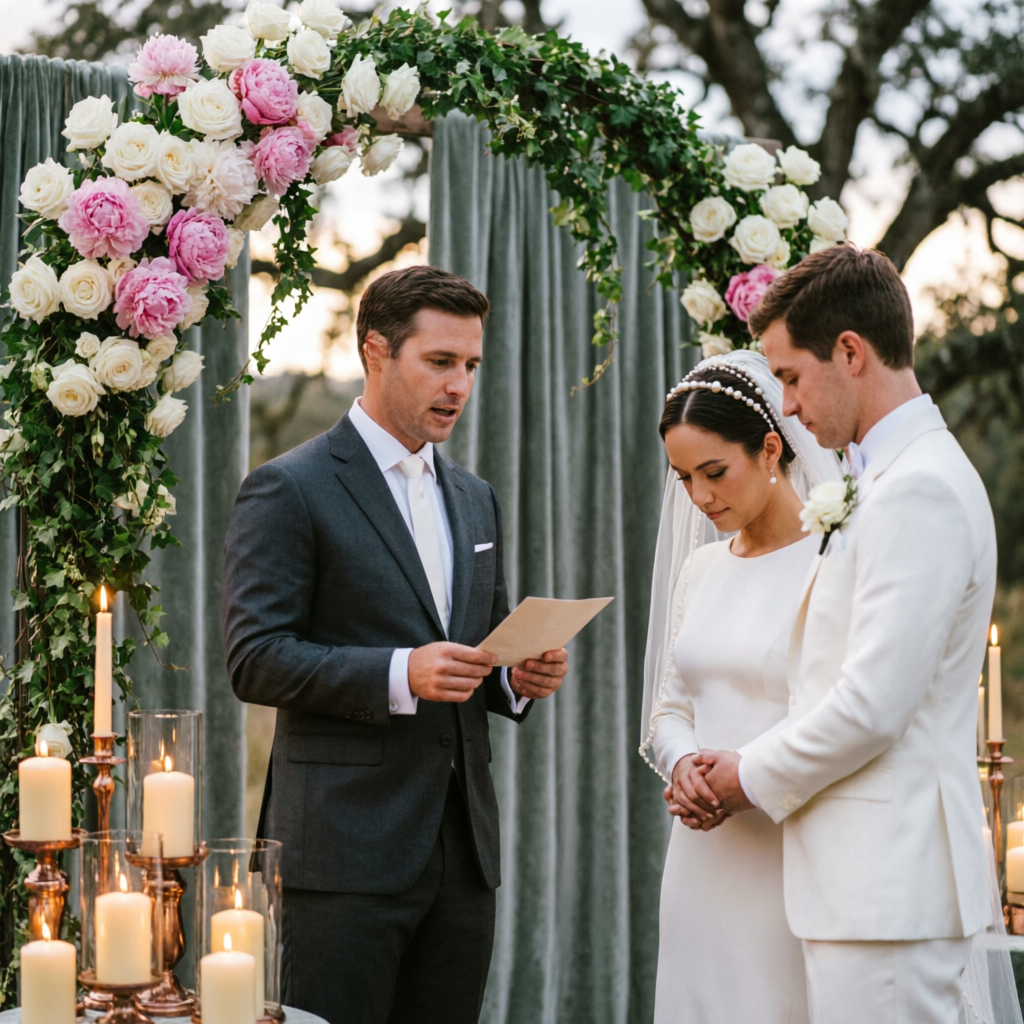 Wedding ceremony with officiant under floral arch