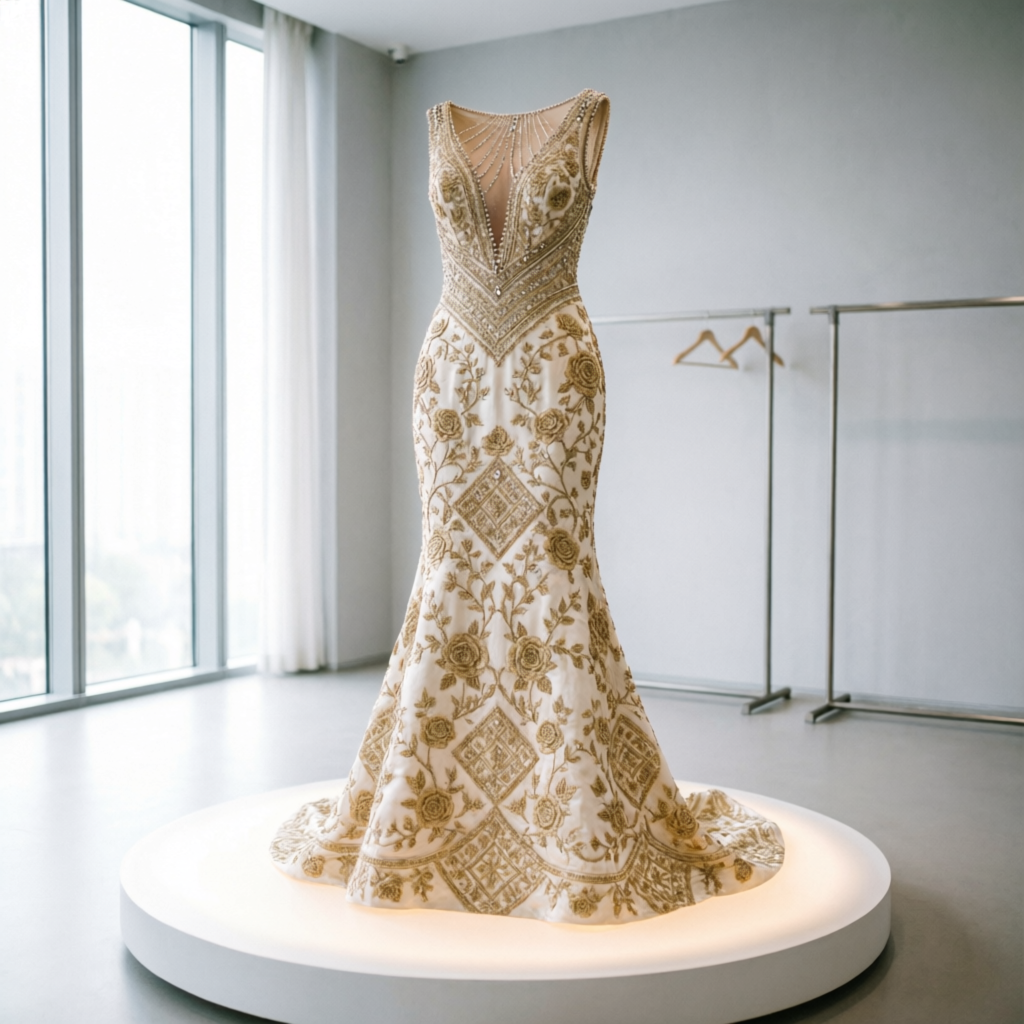 Gold embroidered bridal gown in atelier